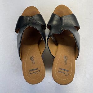 Clarks Women’s Leather Slide Wedge Sandal Sz 8.5 M Cork Heel Black Rubber Sole